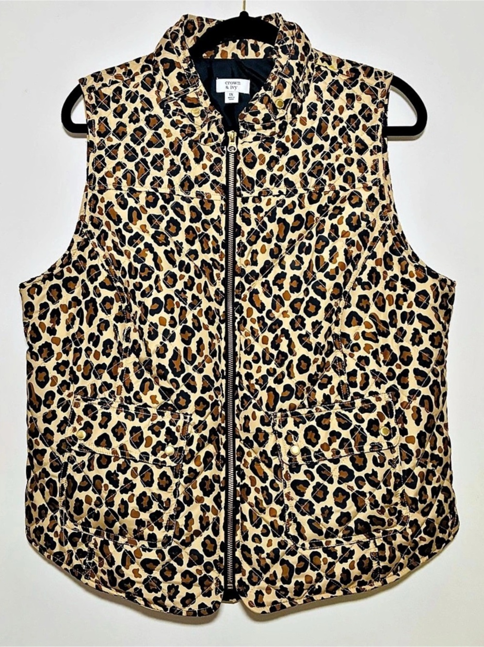 Crown & Ivy Womens Plus 1X Leopard Print Quilted Zip Vest Sleeveless Pockets